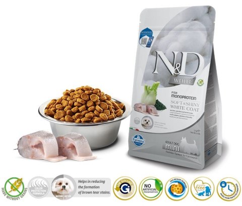 FARMINA N&D WHITE DOG SEA BASS, Spirulina and Fennel Adult Mini - sucha karma dla psów ras białych - 2 kg