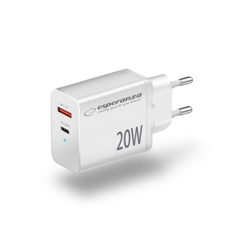 ESPERANZA ŁADOWARKA SIECIOWA 20W USB-C PD 20W / USB-A QC 3.0 18W BIAŁA EZC105W
