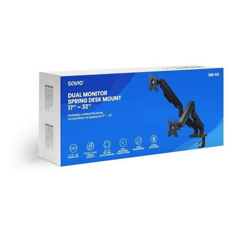 SAVIO PODWÓJNY UCHWYT BIURKOWY NA MONITORY 17"-32" 2X 2-9 KG NA SPRĘŻYNIE UM-04 SAVIO PODWÓJNY UCHWYT BIURKOWY NA MONITORY 17"-32" 2X 2-9 KG NA SPRĘŻYNIE UM-04