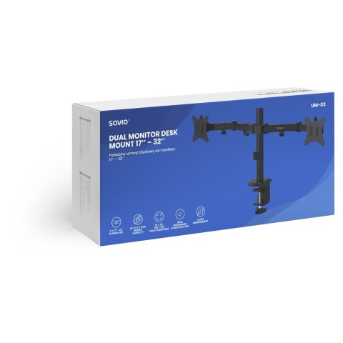 SAVIO PODWÓJNY UCHWYT BIURKOWY NA MONITORY 17" - 32" 2X 2 - 9 KG UM-03 SAVIO PODWÓJNY UCHWYT BIURKOWY NA MONITORY 17" - 32" 2X 2 - 9 KG UM-03