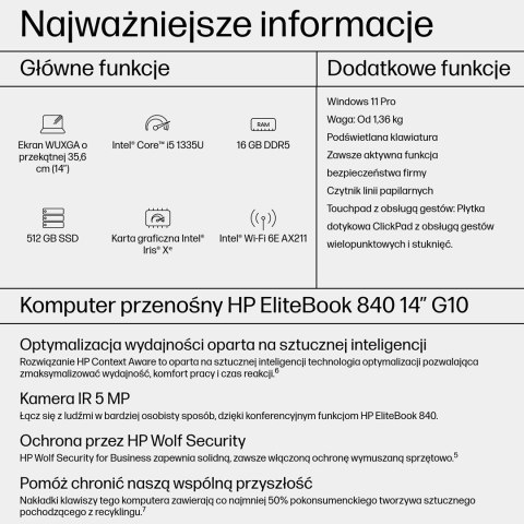 HP EliteBook 840 G10 i5-1335U 14"WUXGA Touch 16GB SSD512 BT BLKB FPR W11Pro Natural Silver (REPACK) 2Y (WYPRZEDAŻ) HP EliteBook 840 G10 i5-1335U 14"WUXGA Touch 16GB SSD512 BT BLKB FPR W11Pro Natural Silver (REPACK) 2Y (WYPRZEDAŻ)