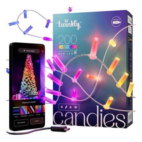 Twinkly Candies - 200 Lampki w kształcie świeczki RGB LEDs, przezroczysty przewód, USB-C Twinkly Candies - 200 Lampki w kształcie świeczki RGB LEDs, przezroczysty przewód, USB-C