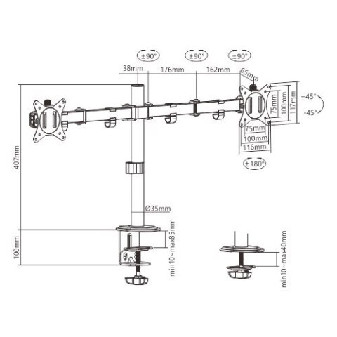 GEMBIRD BIURKOWE REGULOWANE RAMIĘ/UCHWYT NA 2 MONITORY 17-32, 100X100MM, DO 9KG GEMBIRD BIURKOWE REGULOWANE RAMIĘ/UCHWYT NA 2 MONITORY 17-32, 100X100MM, DO 9KG