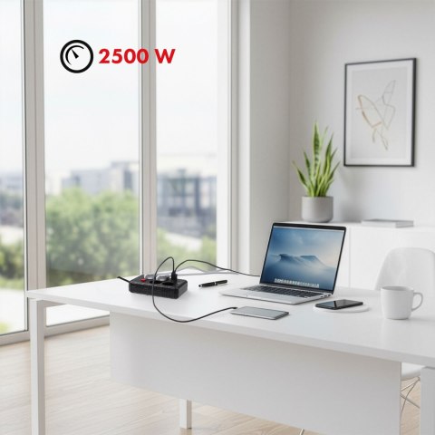 MACLEAN LISTWA ZASILAJĄCA, PRZEDŁUŻACZ 4 GNIAZDA + 3XUSB, 110-240V AC 50/60HZ, 2.1A MAX 2500W, 3M, CZARNA, MCE393 B