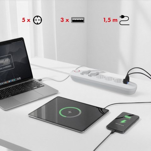 MACLEAN LISTWA ZASILAJĄCA PRZEDŁUŻACZ5 GNIAZD + 3XUSB, 110-240V AC 50/60HZ, 2.1A MAX 2500W, 1,5M, BIAŁA MCE395 W