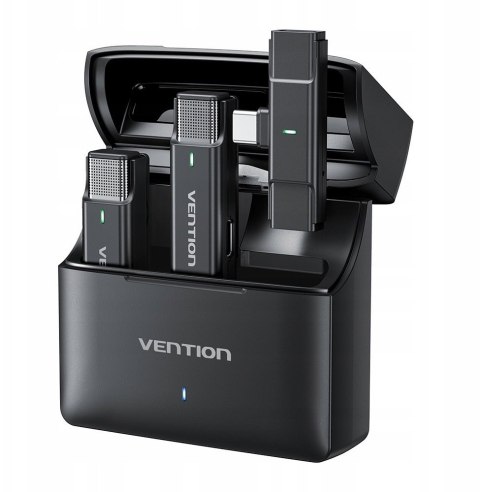Zestaw 2 bezprzewodowych mikrofonów krawatowych Vention USB-C z etui ładującym czarny