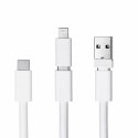 Activejet smycz z przewodem do ładowania 3w1 biała. Końcówki z różnymi złączami: USB-C, Adapter Lightning, USB-A.