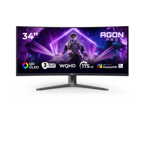 AOC AGON PRO AG346UCD monitor komputerowy 86,4 cm (34") 3440 x 1440 px Wide Quad HD QD-OLED Czarny, Szary